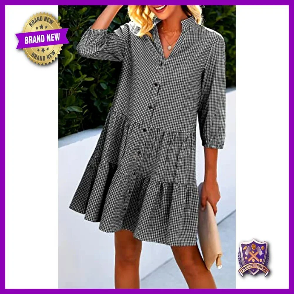 Floral Print V-Neck Button Down Shirt Dress 3/4 Sleeve Loose Fit - Picture 5 of 7